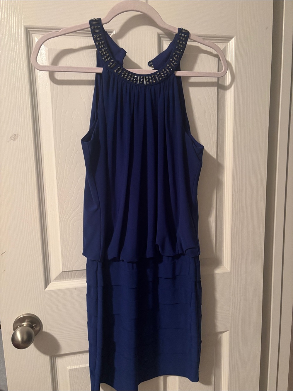 Xscape Beaded Halter Cocktail Dress - Royal Blue
